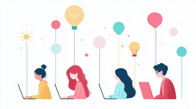 A diverse group of students engaged in an online lesson, using laptops and tablets to participate in interactive activities and virtual discussions.