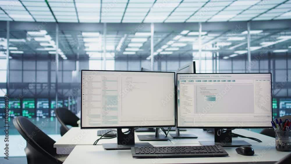 Poster lines of code running on computer screens in data center, used for troubleshooting rackmounts in ser