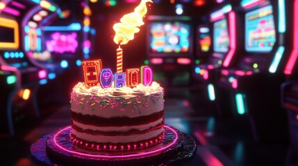 A vibrant birthday cake with colorful candles and decorations in a neon-lit arcade setting.