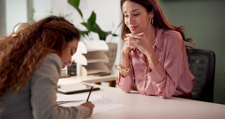 Contract, woman and consultant in office for signature, deal or legal document for membership application. Advisor, client and insurance agent with paperwork for registration, sign up or agreement