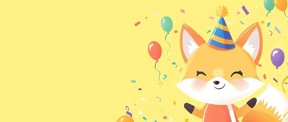 Obraz premium A cheerful cartoon fox wearing a party hat, surrounded by balloons and confetti.