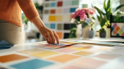 Obraz premium Hands Exploring Color Samples in Artistic Home Workspace