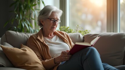 Fototapeta premium Aged woman sitting on couch and reading book pastime daydream, senior lady enjoying free time at home alone, classic aged mature grandmother relax satisfied female time with book learning time science