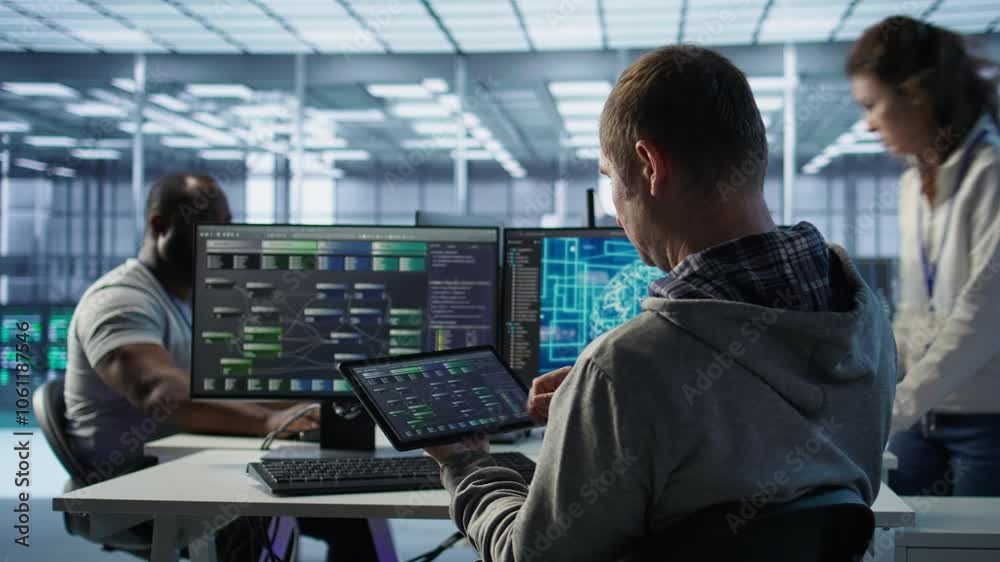 Poster system administrator in data center solving tasks on tablet, running programming scripts. software d