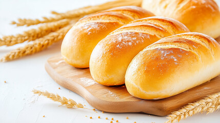 Freshly baked bread loaves are placed on a wooden cutting board, with wheat stalks arranged around them