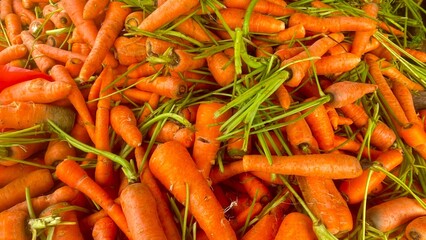 A pile of fresh, orange carrots, perfect for a healthy snack or meal.