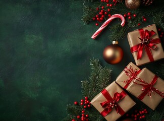 Christmas Flat Lay with Wrapped Gifts, Ornaments, and Candy Cane on Green Background.