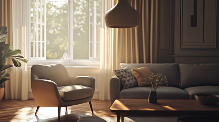 Sunlight streams through the window and illuminates the living room, illuminating a comfortable armchair, couch, and coffee table
