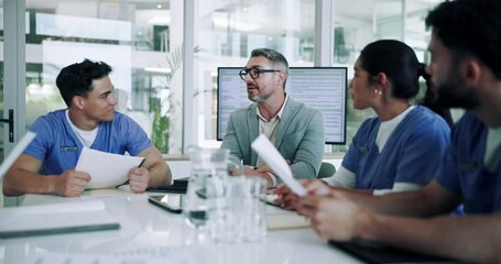 Workshop, planning and doctors with business people in meeting for research grant, partnership and feedback. Healthcare, medical funding and approval with team in hospital for investment support