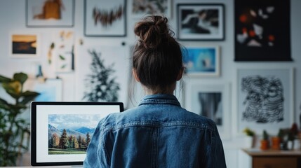 Young Woman Admiring Landscape Painting in Art Gallery
