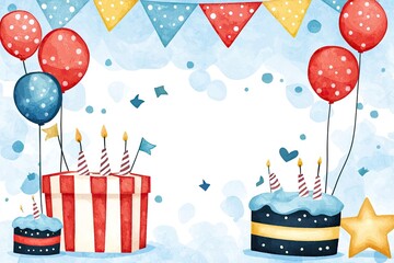 Fototapeta premium Festive birthday decoration with cakes, balloons, and colorful banners.