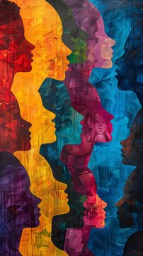 A vibrant and colorful abstract painting depicting diverse silhouettes of people, symbolizing the rich tapestry that is human diversity