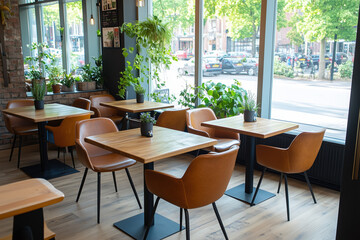 Fototapeta premium Charming Rustic Café Interior with Leather Chairs, Wooden Tables, Lush Green Plants, and Abundant Natural Light Creating a Welcoming Autumn Atmosphere