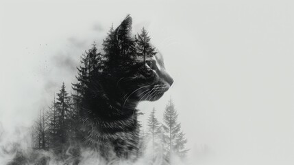 double exposure of cat with night sky and forest