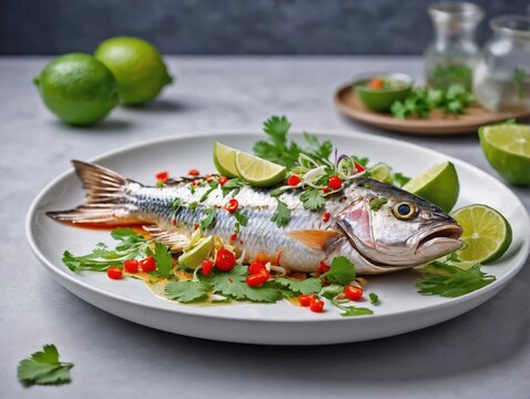 Pla Kapong Neung Manao on White Plate with Lime and Herbs