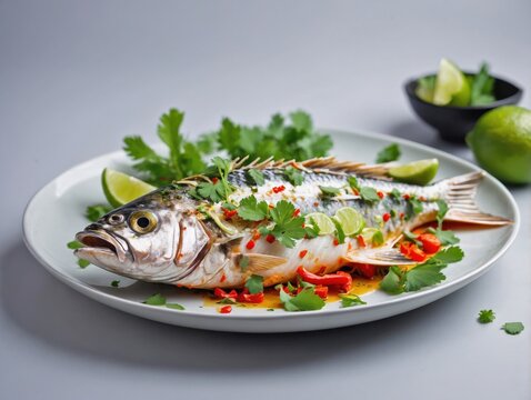 Pla Kapong Neung Manao on White Plate with Lime and Herbs