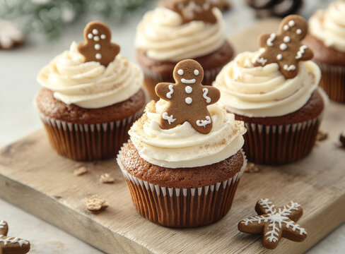 Festive vanile cupcakes topped with cream cheese frosting and decorated with adorable gingerbread man cookies, perfect for holiday celebrations.