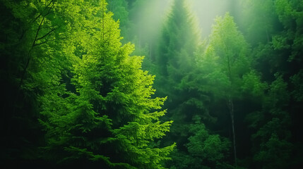 Serene Forest Environment with a Variety of Green Trees, Sunlight Dancing Through Leaves, Crafting a Soothing Monochromatic Ambiance