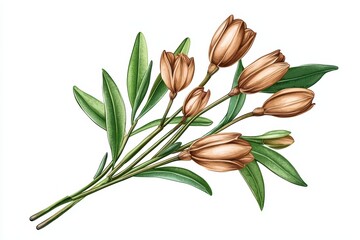 Obraz premium A beautiful illustration of brown tulip flowers with green leaves, perfect for floral designs and artistic uses.