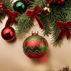 Fototapeta premium Traditional Christmas garland detail with vibrant red and green ornaments and bows framing a neutral warm holiday background.