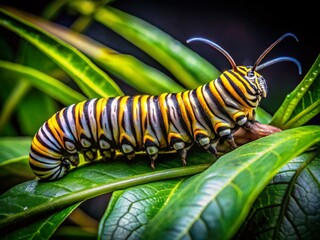 Naklejka premium Enchanting Night Photography of Monarch Butterfly Caterpillar Feeding in Costa Rica's Butterfly House
