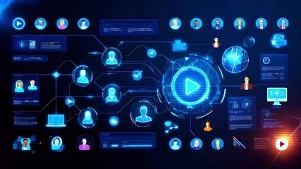 A futuristic, abstract, digital network illustration featuring glowing blue circles, icons, and lines.  The circles contain profile pictures of people - Powered by Adobe