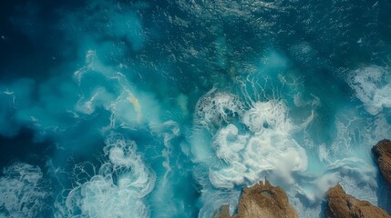 Realistic photo of the ocean, rocks and waves, blue sky with white clouds