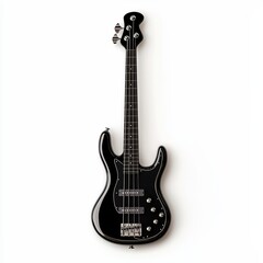 Fototapeta premium Black bass guitar on a white isolated background, perfect for music enthusiasts and instrument collections.