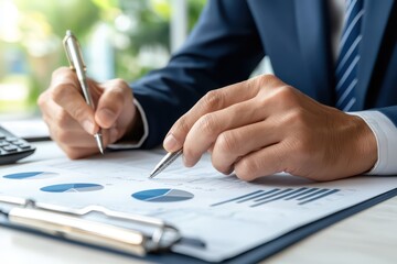 Businessman analyzing financial charts and documents with pens in hand, focusing on success and strategy.
