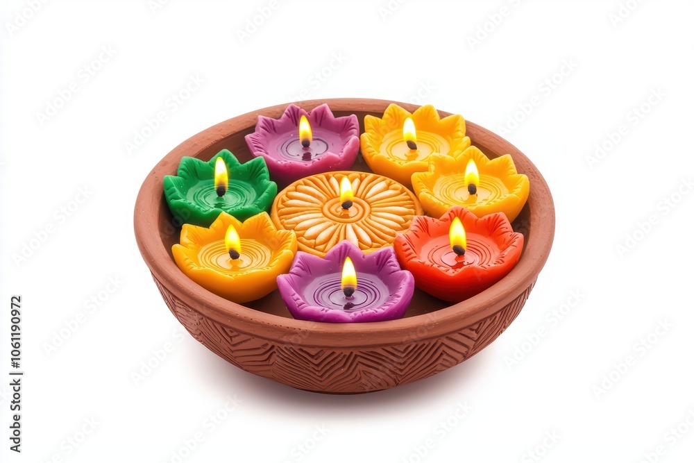 Wall mural Colorful clay oil lamps in a traditional bowl, lit to celebrate festival of lights.