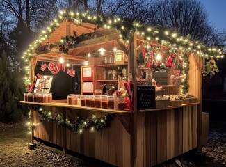 Bustling Christmas market in a snowy European square, festive lights, stalls, and decorated trees.