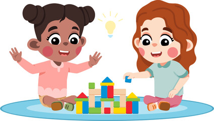 Kid Helping a Friend Build Something With Blocks