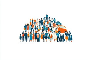 Diverse crowd with people and vehicles on a white background, representing community and urban life.