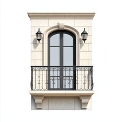 Obraz premium Elegant balcony window with classic design, black railing, and stone details, isolated on white background.
