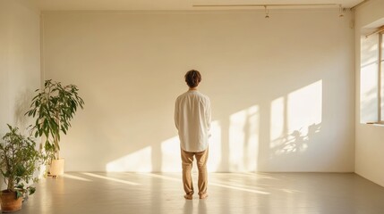 Minimalist Domestic Tranquility: A Person Standing in a Serene Room
