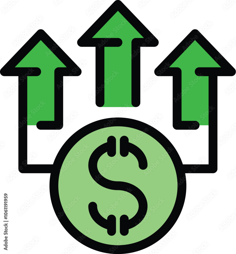 Poster simple vector showing a dollar coin increasing its value with three green arrows pointing up