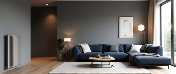 House electric heater radiator in the living room for cold winter season rooms in uk concept, with copy space 