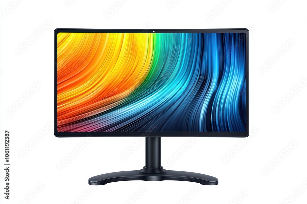 Poster modern desktop monitor displaying vibrant colorful abstract patterns, ideal for tech-related concept
