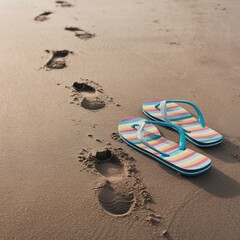 Obraz premium Summer vacation flip flops left on the beach sand with footprints leading away to the sea waves during a tranquil sunset.