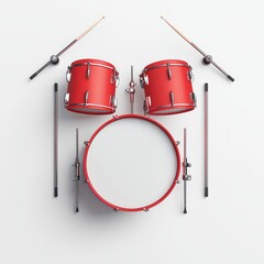 Fototapeta premium Red drum set on a white isolated background, featuring snare, bass, and cymbals with drumsticks.