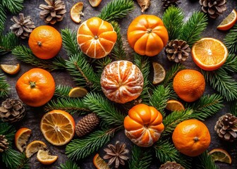 Festive Arrangement of Orange Tangerines with Pine Branches and Cones - Hand Drawn Graphic Illustration for Christmas and New Year Celebrations, Perfect for Sublimation and Vector Design