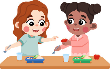 Kid Helping Friend Sharing His Food