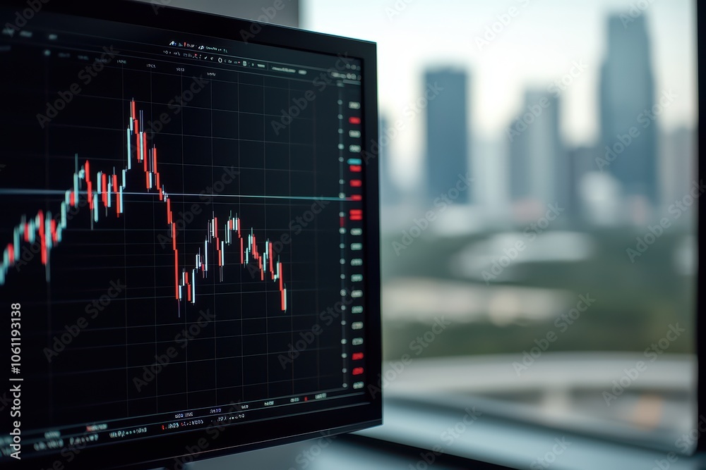 Fototapete Stock market analysis displayed on a computer screen in a modern office setting with cityscape background.
