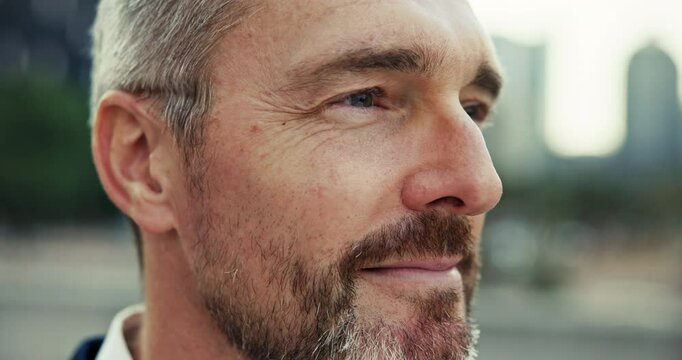 Outside, businessman and thinking at city as property developer with pride, plans and vision. Closeup, mature person and employee with happiness for urban development, infrastructure or career growth