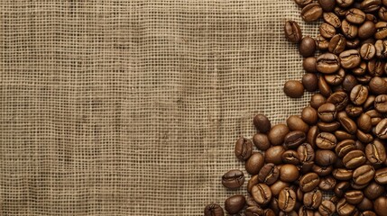 Vertical photo backdrop with coffee beans and canvas. Blank space available.