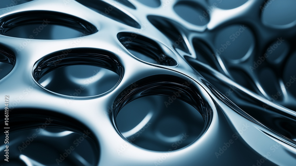 Aufkleber A close-up of a metallic surface with a geometric pattern of circles and curves. The surface reflects light, creating a sense of depth and texture