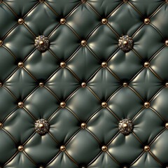 This elegant tufted fabric showcases a rich green color, embellished with golden buttons at regular...