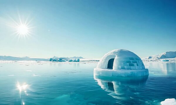 A serene igloo on calm water under a clear blue sky, showcasing Arctic beauty.
