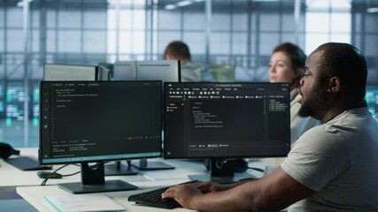 System admin feeling ill, having fever while working in computer network security data center. Sick worker suffering headache while monitoring energy consumption across server racks, camera A