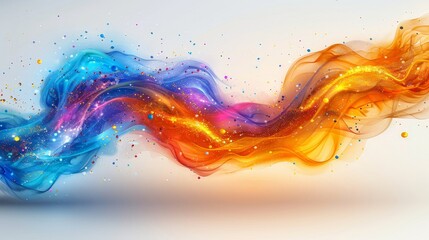 Bright waves of color blend seamlessly, creating a captivating effect with glittering particles. The interplay of blue, orange, and purple produces a dynamic and energetic composition.